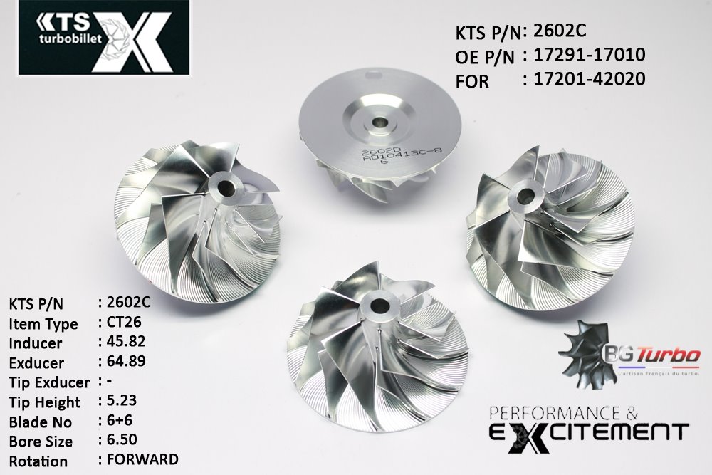 Turbo ROUE FORGÉE MFS PERFORMANCE - 6+6 PALES - INDUCER : 45,82 - EXDUCER : 64,89 - TYPE : CT26ANGLE : 60° - ROTATION : Forward - SUPER BACK : -1,37 - BORE SIZE : 6,5
